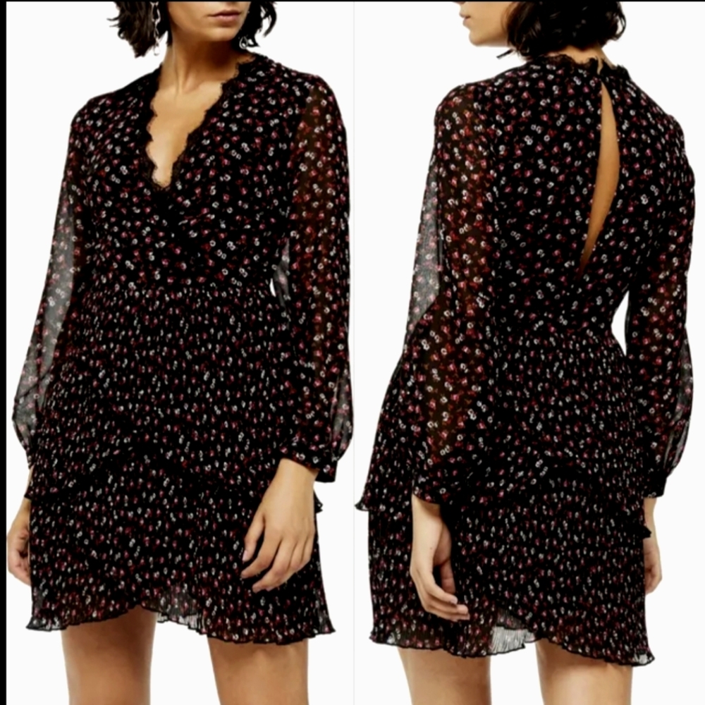 Topshop Black Pleated Ruffle Floral Dress